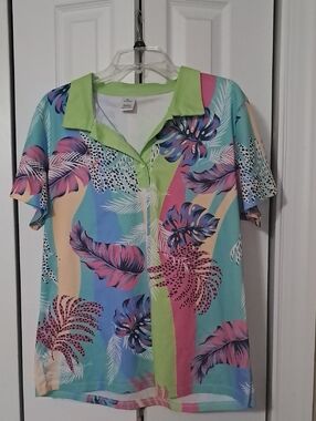 Tropical Print Short Sleeve Golf Polo in Mint & Pink